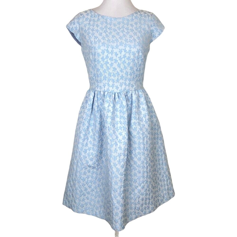 Helene Berman London Dress Womens 6 Blue Floral Jacquard Fit Flare Cap Sleeve